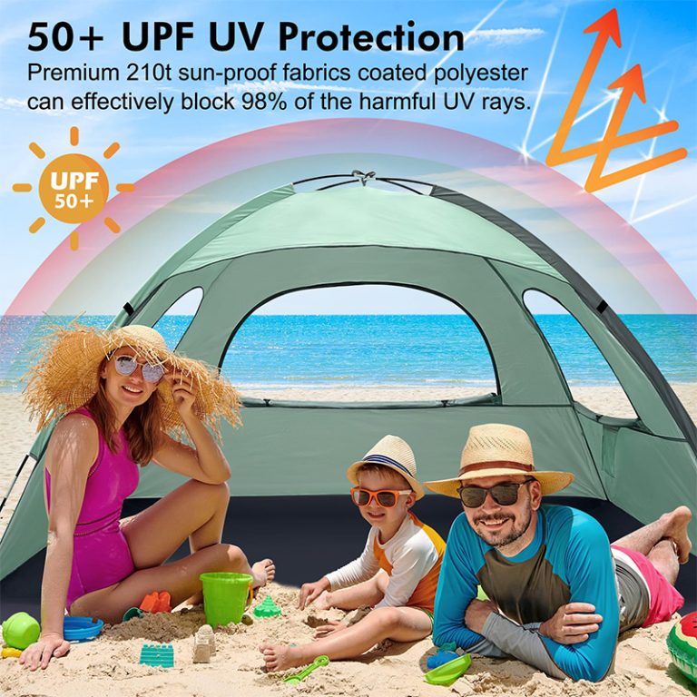 Beach Tent Anti-UV Portable Sun Shade Shelter for 3 4 6 8 Person, Extendable Floor with 3 Ventilating Mesh Windows Plus Carrying Bag, Stakes and Guy Lines1