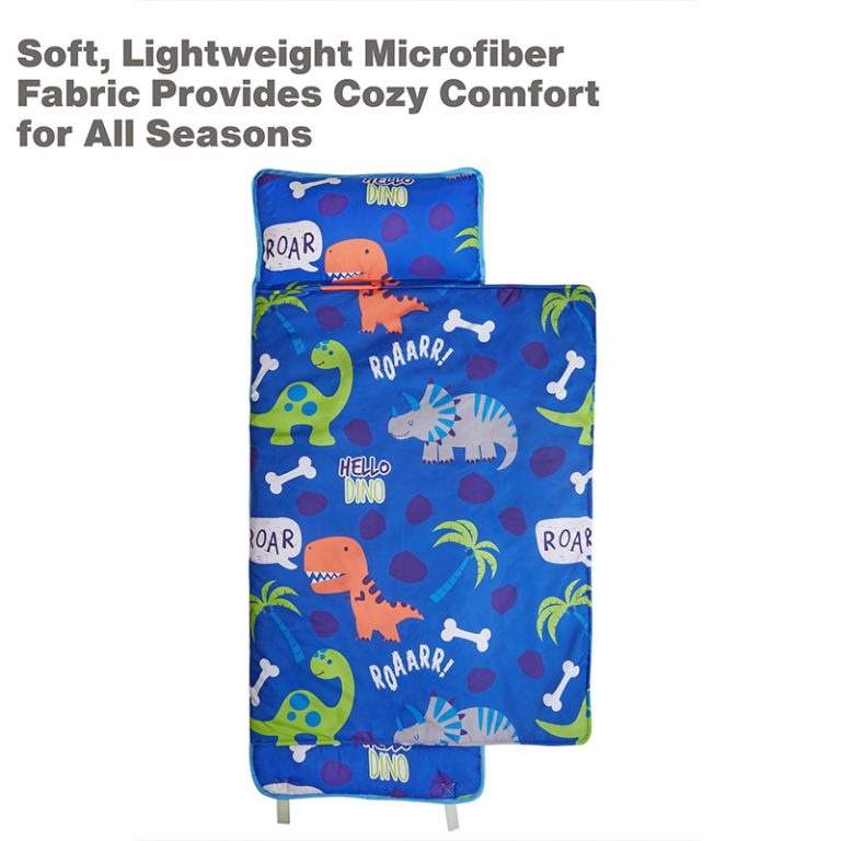 KIDS Nap Mat with Removable Pillow - Roarin' Dinos - Carry Handle with Straps Closure, Rollup Design, Soft Microfiber for Preschool, Daycare, Travel Sleeping Bag - Ages 3-6 Years 1