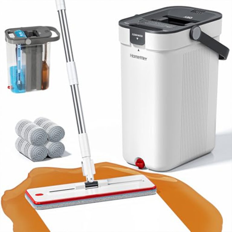 Mop and Bucket Set with Wringer, Flat Mops for Floor Cleaning, Wall Mop Cleaner with Long Handle, Hardwood Floor Mop with 4 Microfiber Pads4